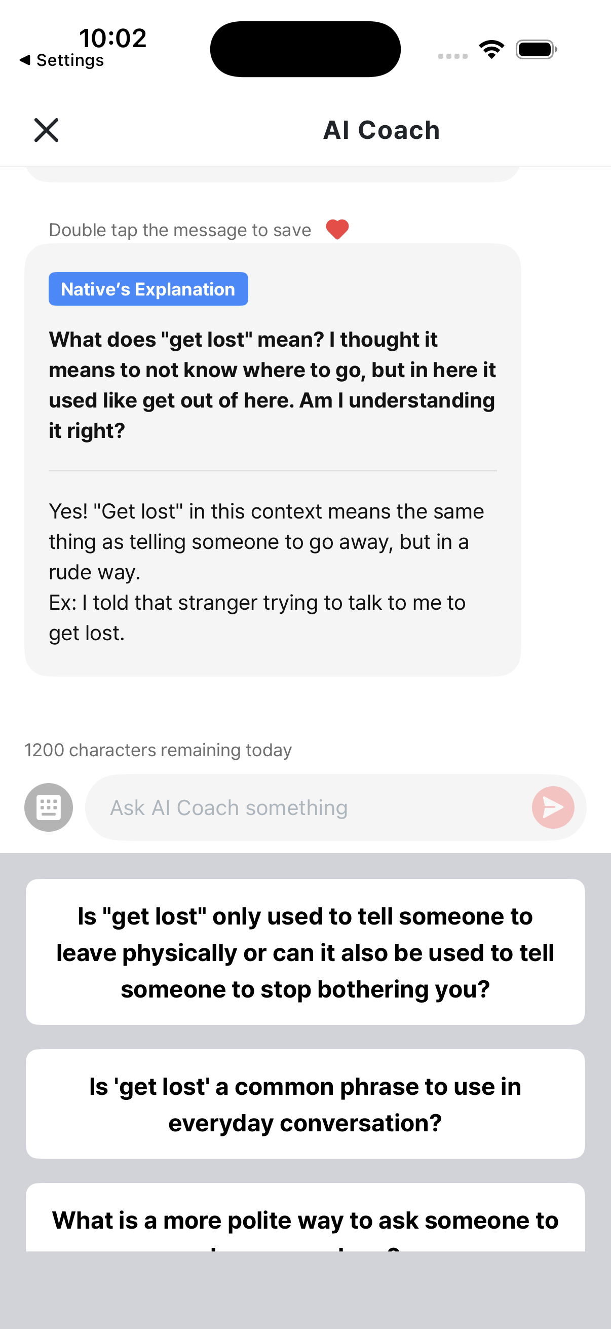 AI Coach chat screen — Q&A about a sentence with follow-up question suggestions