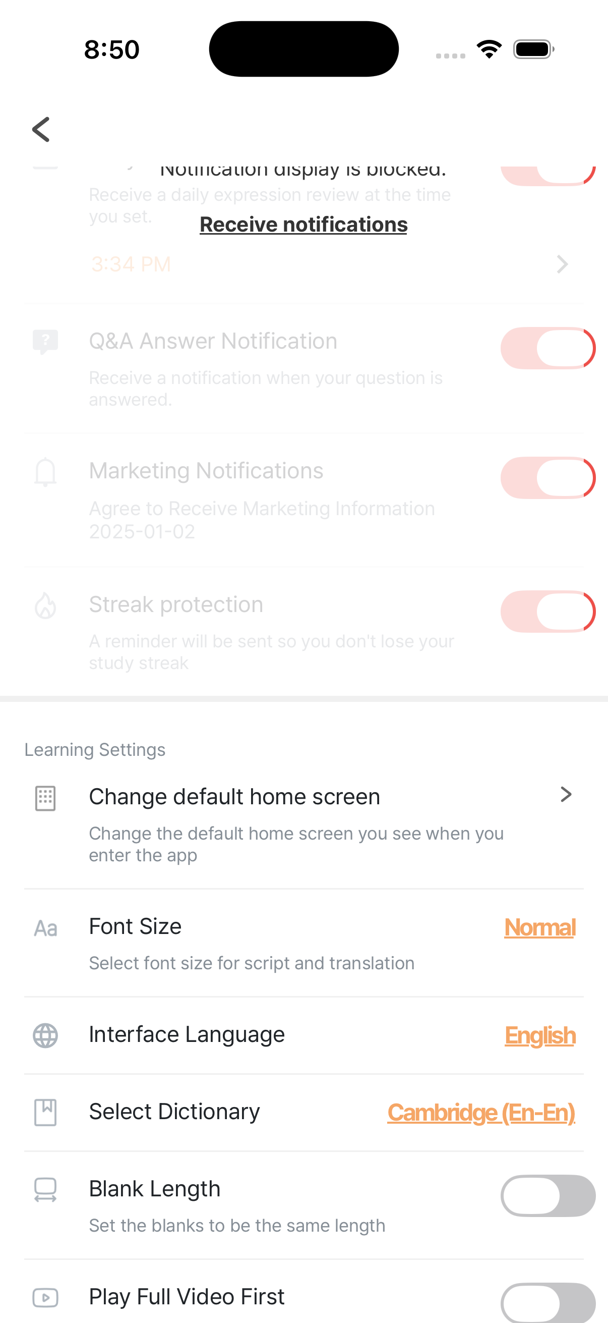 Learning Settings — Blank Length, Font Size, and other study preferences