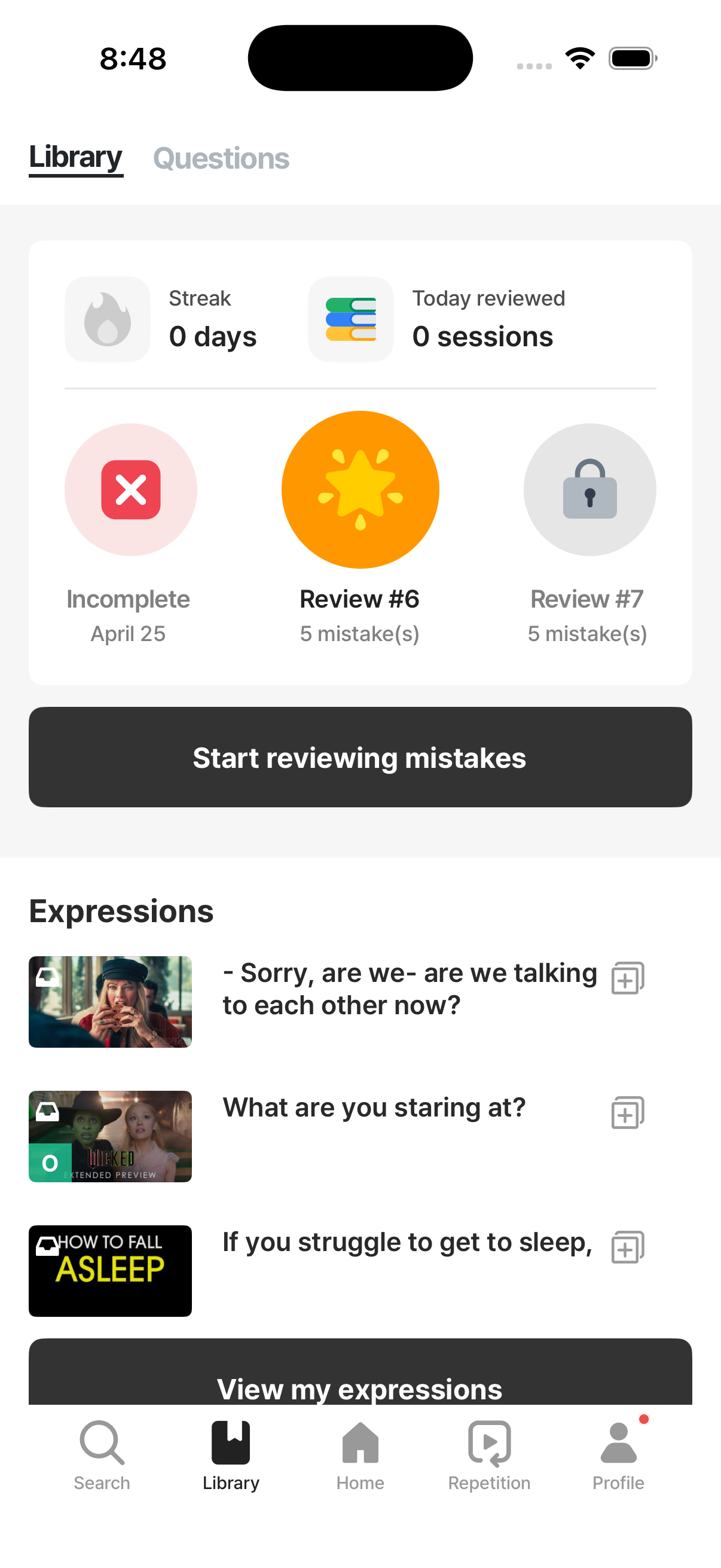 Library tab — saved items and video progress