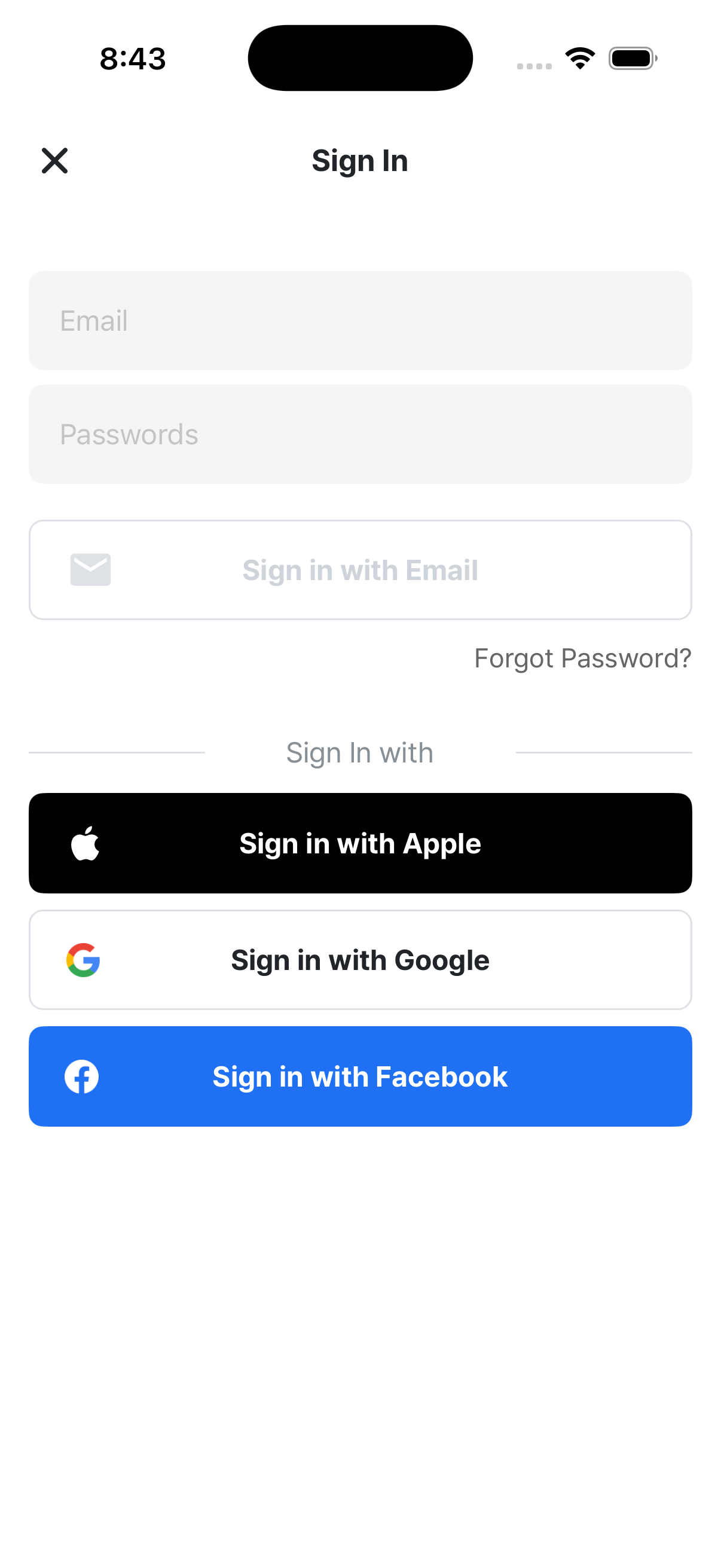 Sign-in screen — supported login methods