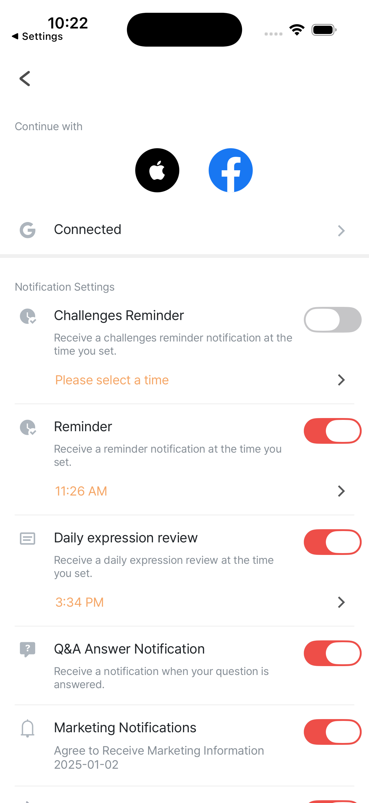 Settings screen — SNS linking and notification settings