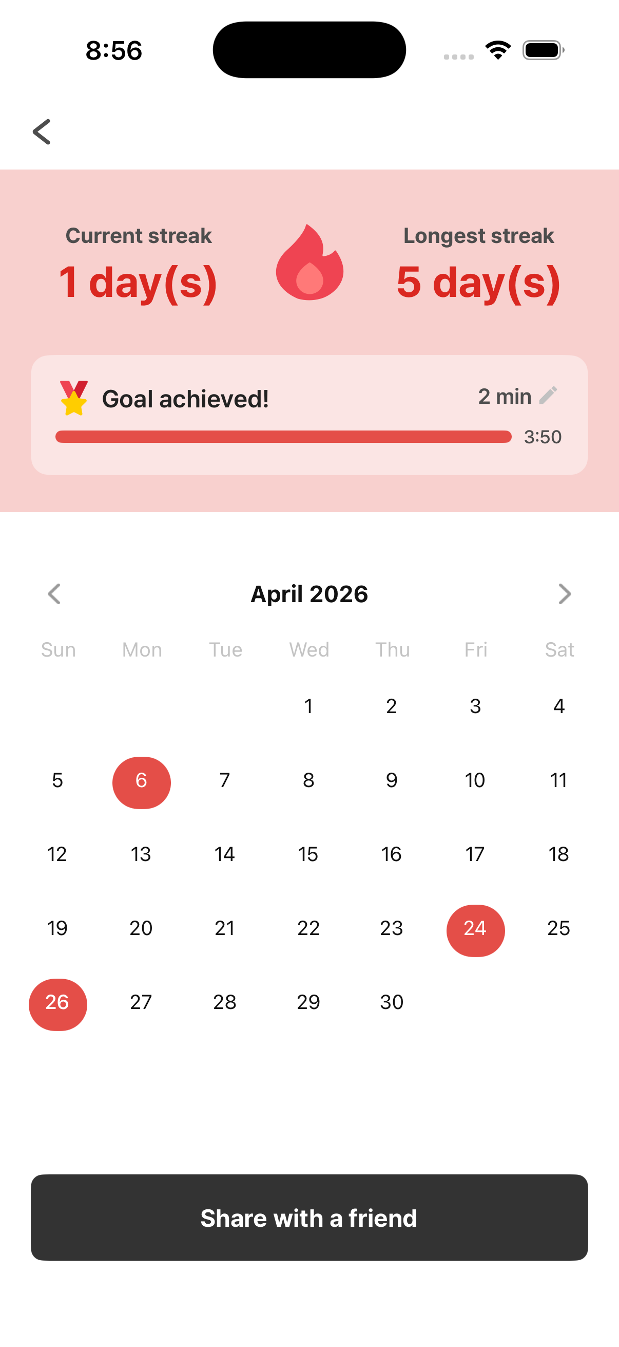 Streak calendar — monthly view marking days you hit your goal