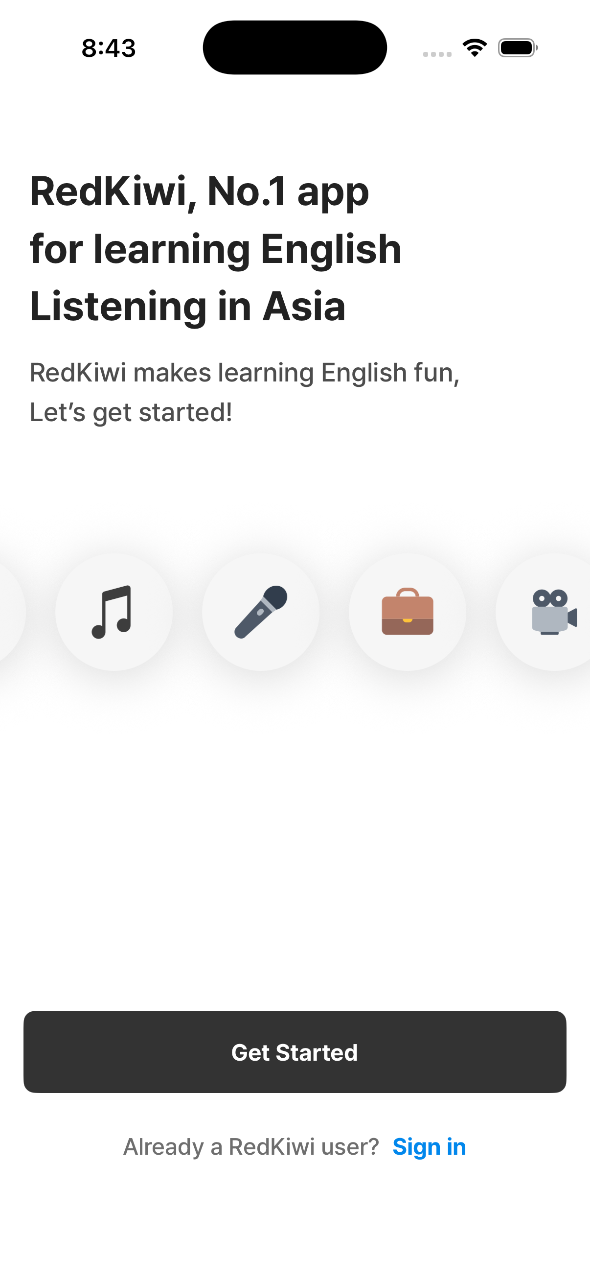 Welcome screen — entry point to sign in or sign up